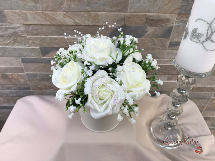 Ivory Glitter Roses With Pearls & Gypsophila