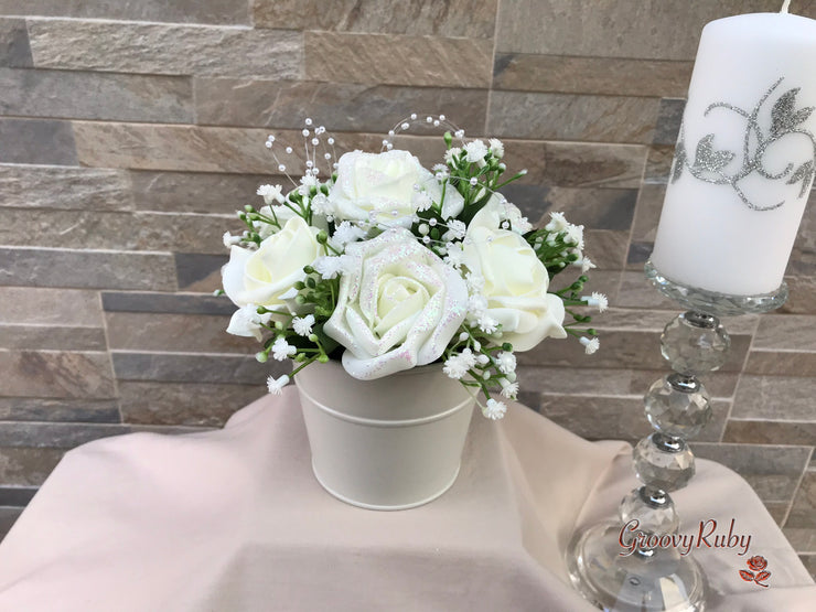 Ivory Glitter Roses With Pearls & Gypsophila