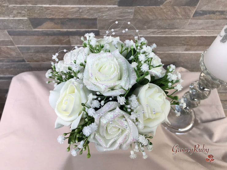 Ivory Glitter Roses With Pearls & Gypsophila