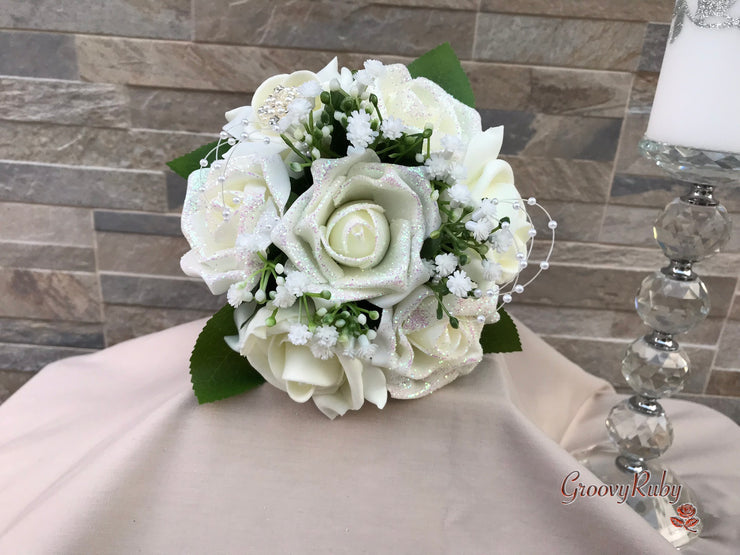Ivory Glitter Roses With Pearls & Gypsophila
