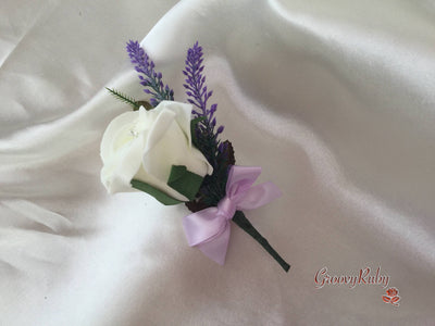 Ivory Rose & Purple Heather Buttonhole With Lilac Bow