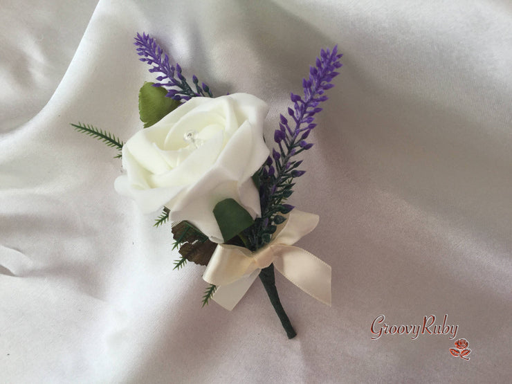Ivory Rose & Purple Heather Buttonhole