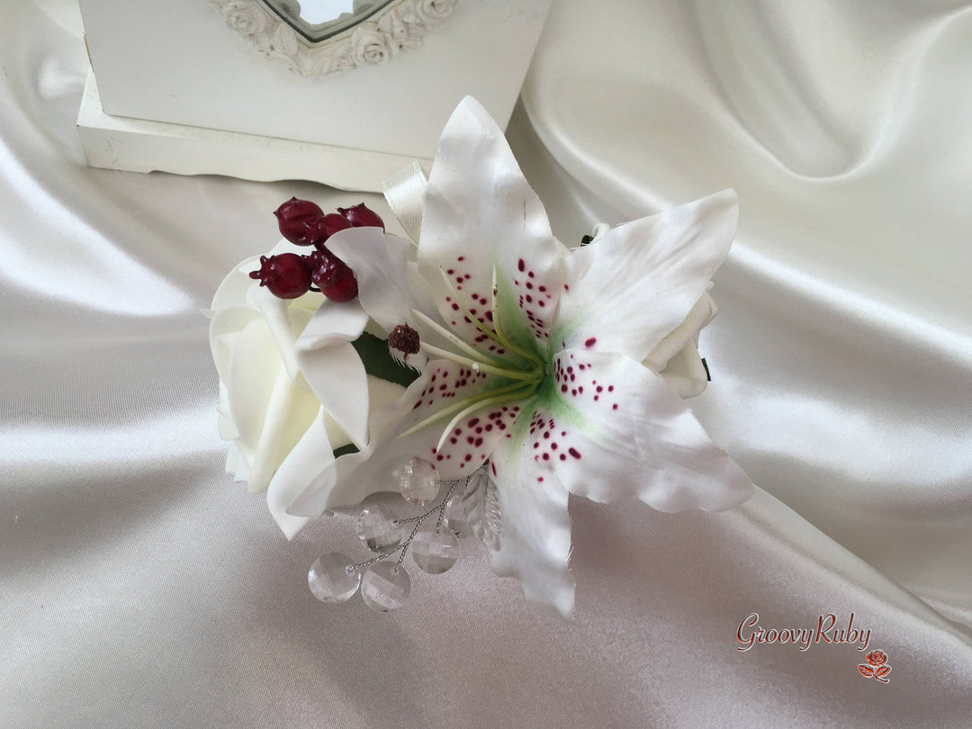white tiger lily corsage Small Tiger Lilies & Ivory Roses With Berries – GroovyRuby Ltd