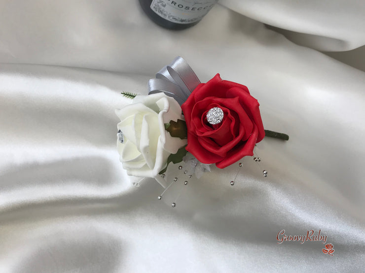 Red & Ivory Rose With Silver & Crystal Butterfly