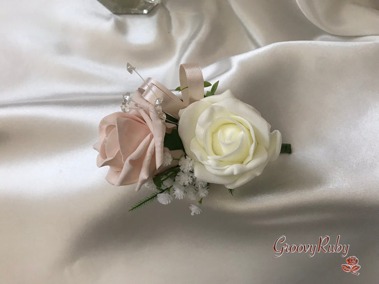 Mocha Pink & Ivory Rose With Foliage, Gypsophila & Crystal Sprays