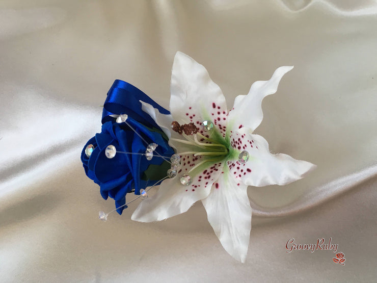 Small Tiger Lilies & Royal Blue Roses With Foliage