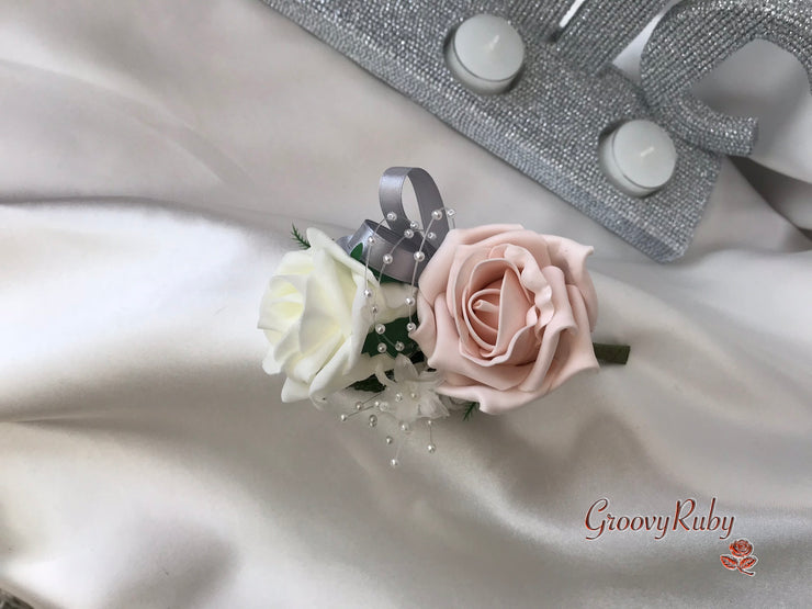 Mocha Pink & Silver Roses With Diamanté Silver Love Brooch