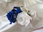 White & Blue Centred Calla Lilies With Roses & Heart Brooch