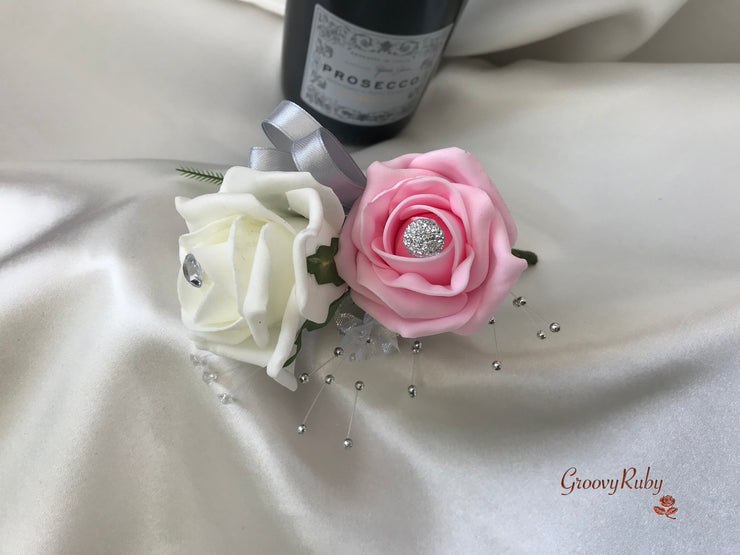 Baby Pink & Ivory Rose With Silver & Crystal Butterfly