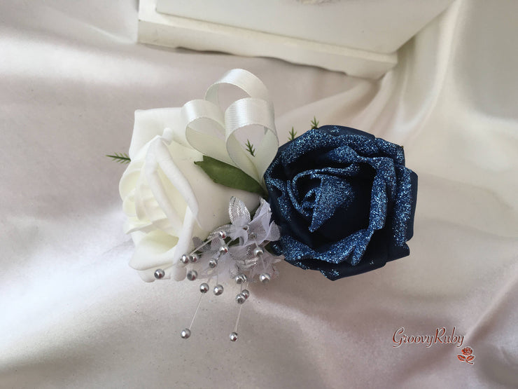 Navy Glitter Rose With Silver Babies Breath