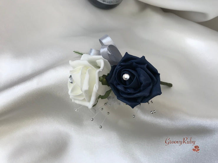 Navy & Ivory Rose With Silver & Crystal Butterfly