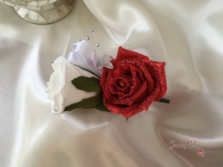 Red Glitter Rose With Silver Babies Breath