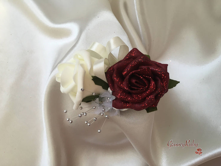 Burgundy Glitter Rose With Silver Babies Breath