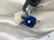 Royal Blue & Ivory Rose With Silver & Crystal Butterfly