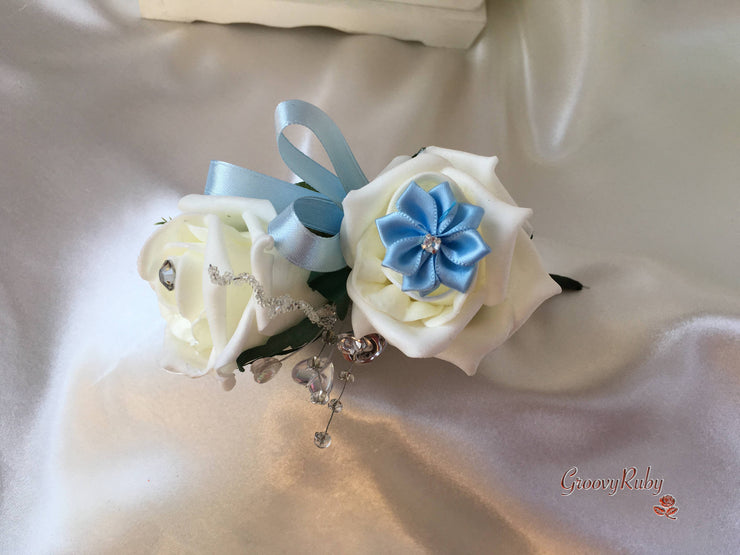 Rose Bouquets With Baby Blue Satin Diamante Flowers