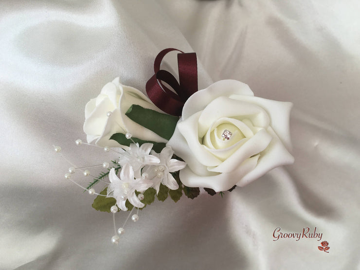 Burgundy & Ivory Rose Crystal With Ivory Pearl Babies Breath