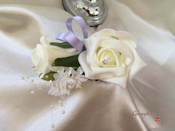 Lilac & Ivory Rose Crystal With Ivory Pearl Babies Breath