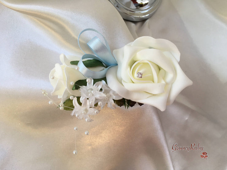 Powder/Baby Blue & Ivory Rose Crystal With Ivory Pearl Babies Breath