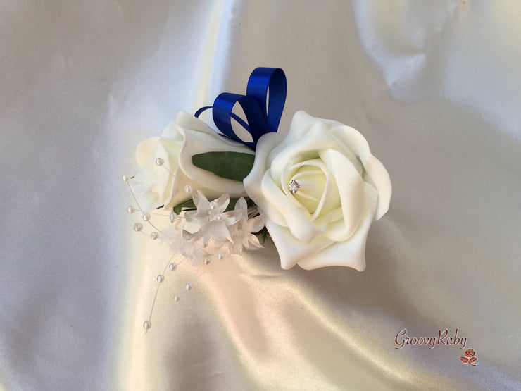 Royal Blue & Ivory Rose Crystal With Ivory Pearl Babies Breath