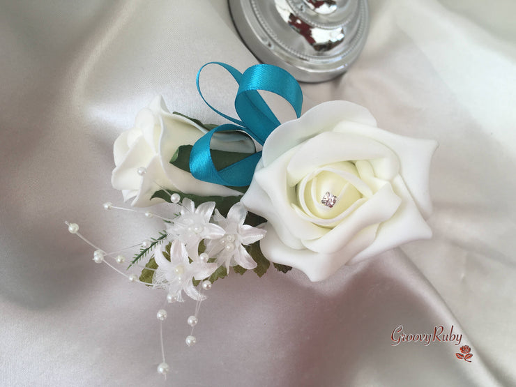 Turquoise & Ivory Rose Crystal With Ivory Pearl Babies Breath