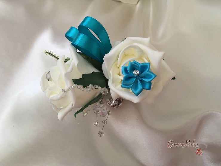 Rose Bouquets With Turquoise Satin Diamante Flowers