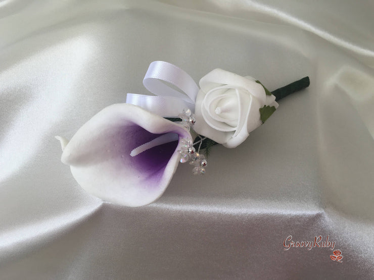 White & Cadbury Purple Centred Calla Lilies With Roses & Crystal Butterfly Brooch
