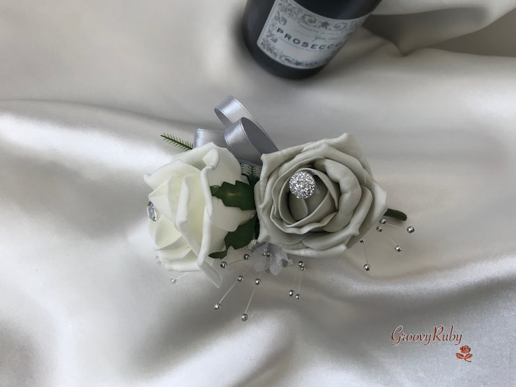 Grey & Ivory Rose With Silver & Crystal Butterfly