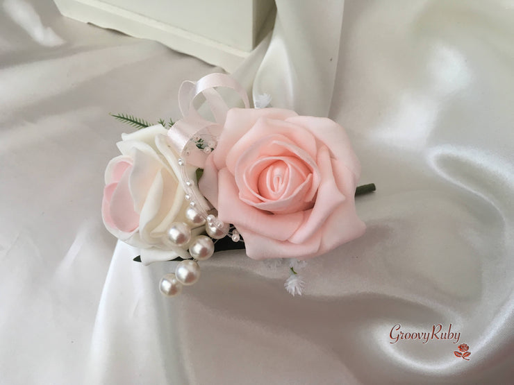 Blush Pink & Ivory Roses With Gypsophila & Pearl Sprays