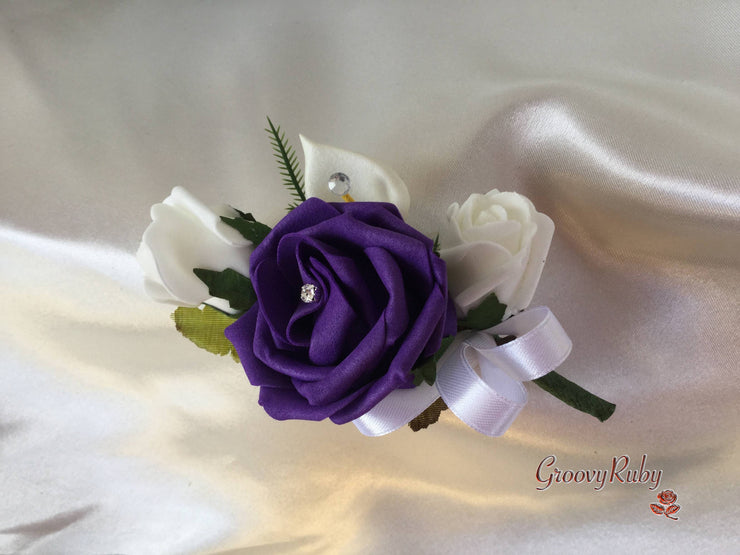 White & Cadbury Purple Centred Calla Lilies With Roses & Crystal Butterfly Brooch