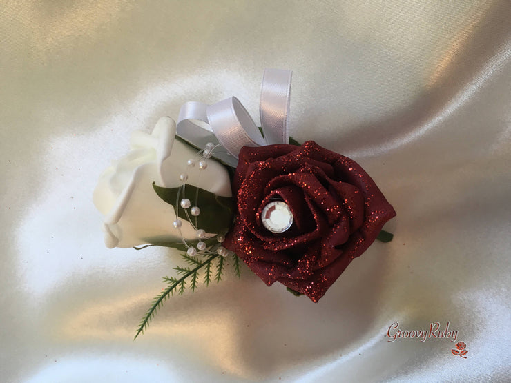 Burgundy Glitter Rose With Pearls & Pearl Diamante Brooch