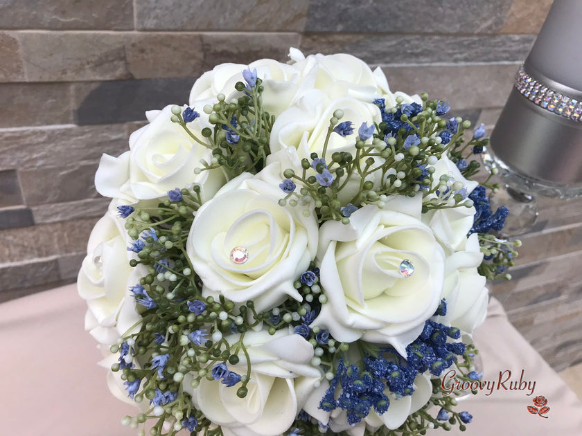 Blue Ivory Roses Large Ivory Foam Roses With Shades of Blue Gypsophila – GroovyRuby Ltd