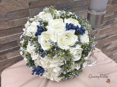 Large Ivory Foam Roses With Shades of Blue Gypsophila