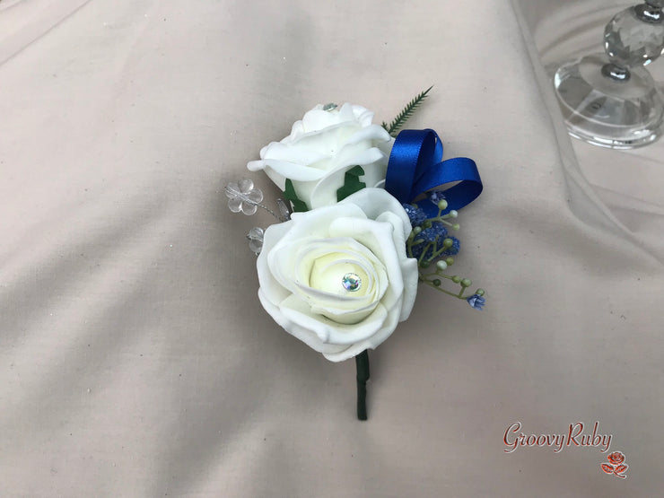 Large Ivory Foam Roses With Shades of Blue Gypsophila