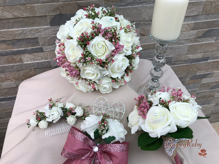 Large Ivory Foam Roses With Shades of Pink Gypsophila