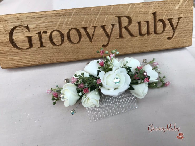 Large Ivory Foam Roses With Shades of Pink Gypsophila