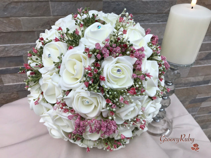 Large Ivory Foam Roses With Shades of Pink Gypsophila