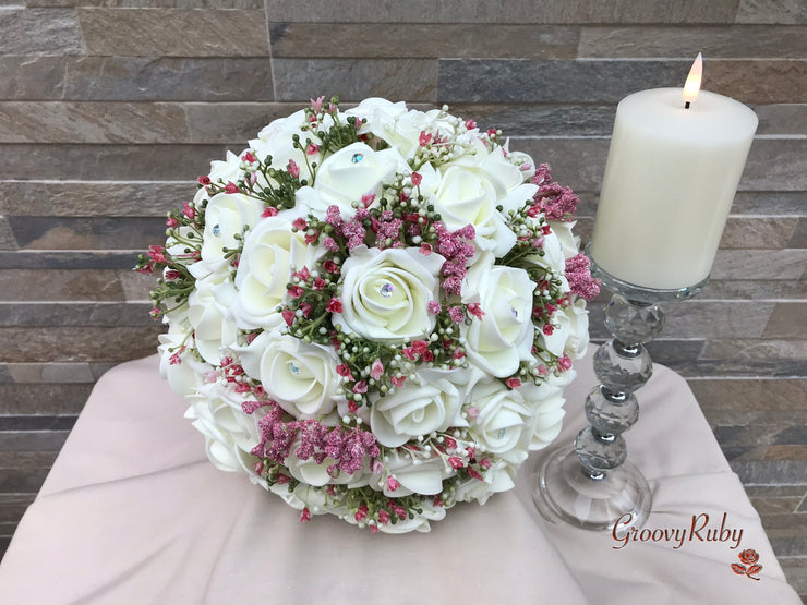 Large Ivory Foam Roses With Shades of Pink Gypsophila