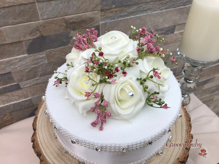 Large Ivory Foam Roses With Shades of Pink Gypsophila