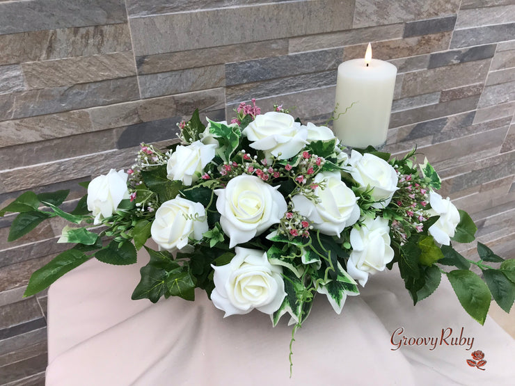 Large Ivory Foam Roses With Shades of Pink Gypsophila