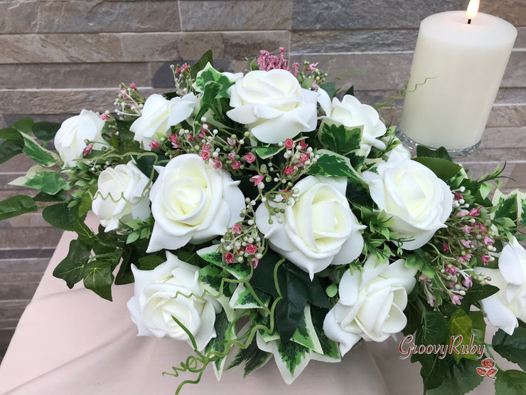 Large Ivory Foam Roses With Shades of Pink Gypsophila