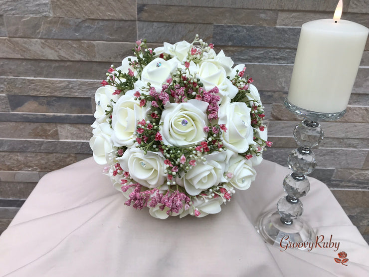 Large Ivory Foam Roses With Shades of Pink Gypsophila