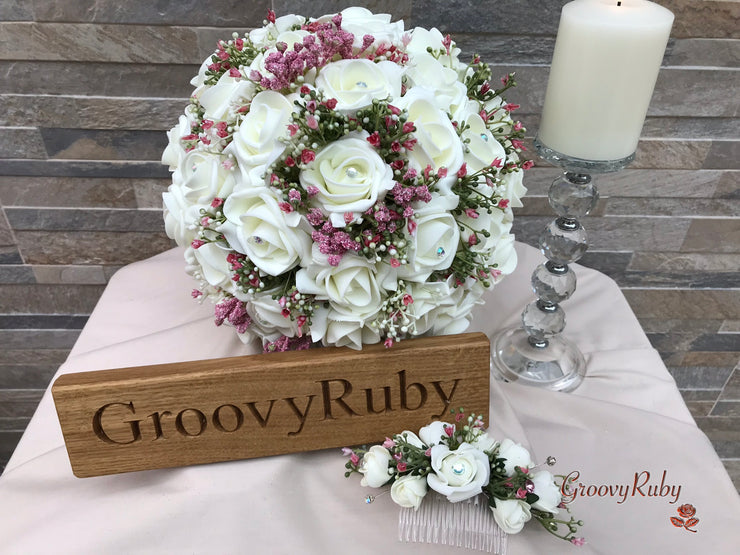 Large Ivory Foam Roses With Shades of Pink Gypsophila