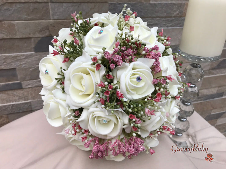 Large Ivory Foam Roses With Shades of Pink Gypsophila