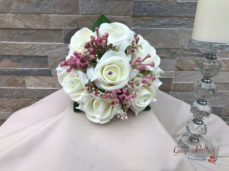 Large Ivory Foam Roses With Shades of Pink Gypsophila