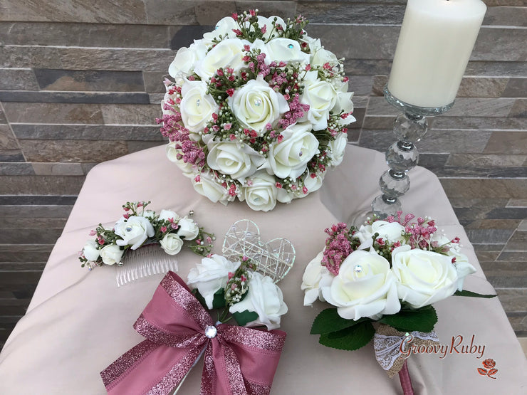 Large Ivory Foam Roses With Shades of Pink Gypsophila