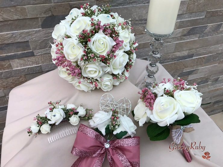 Large Ivory Foam Roses With Shades of Pink Gypsophila