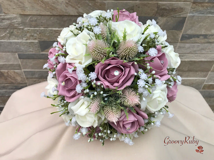 Light Pink Thistle With Foam Roses & Gypsophila
