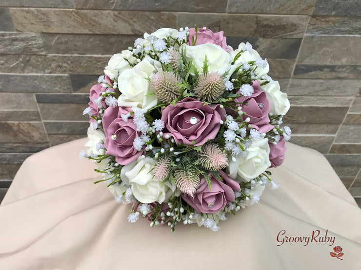 Light Pink Thistle With Foam Roses & Gypsophila