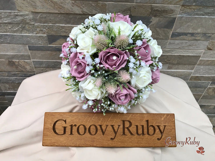 Light Pink Thistle With Foam Roses & Gypsophila