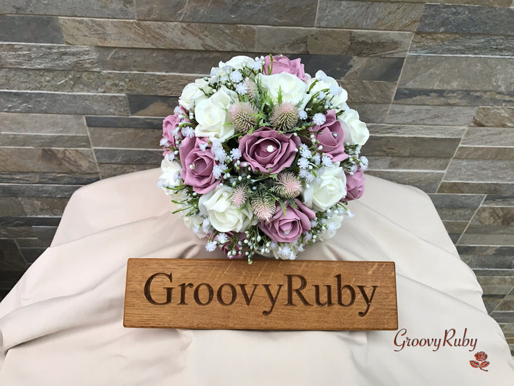 Light Pink Thistle With Foam Roses & Gypsophila
